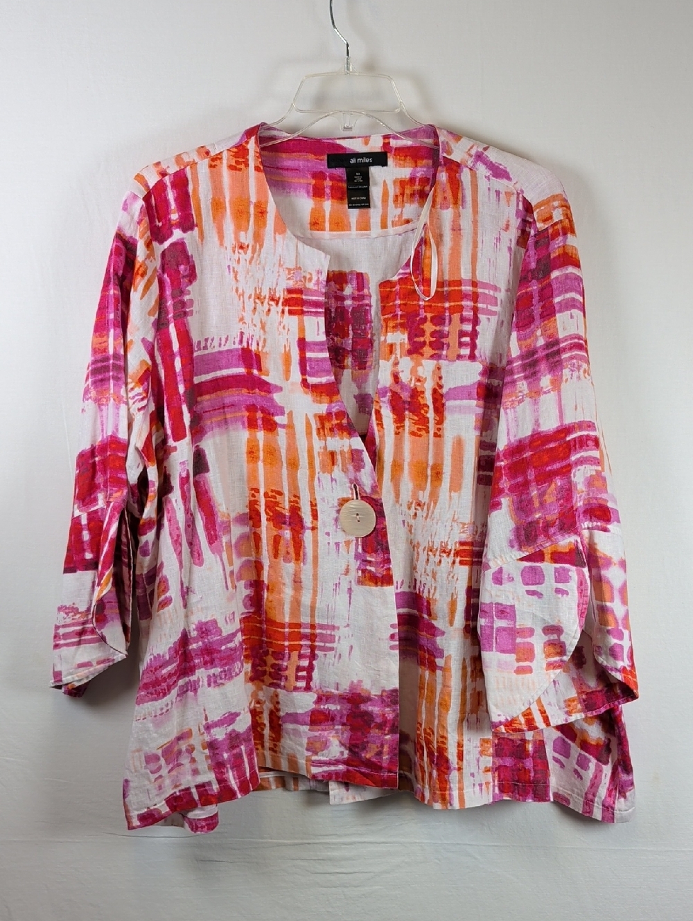 Ali Miles Womens Jacket Top - Size 3X - NWT 100% Linen Assymetric Abstract Bold